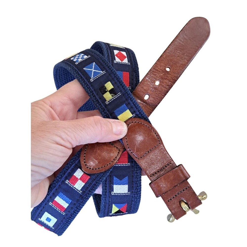 Leather Man Ltd Nautical Flag Belt Leather Trim Brass Buckle CT Mens 40 Maritime